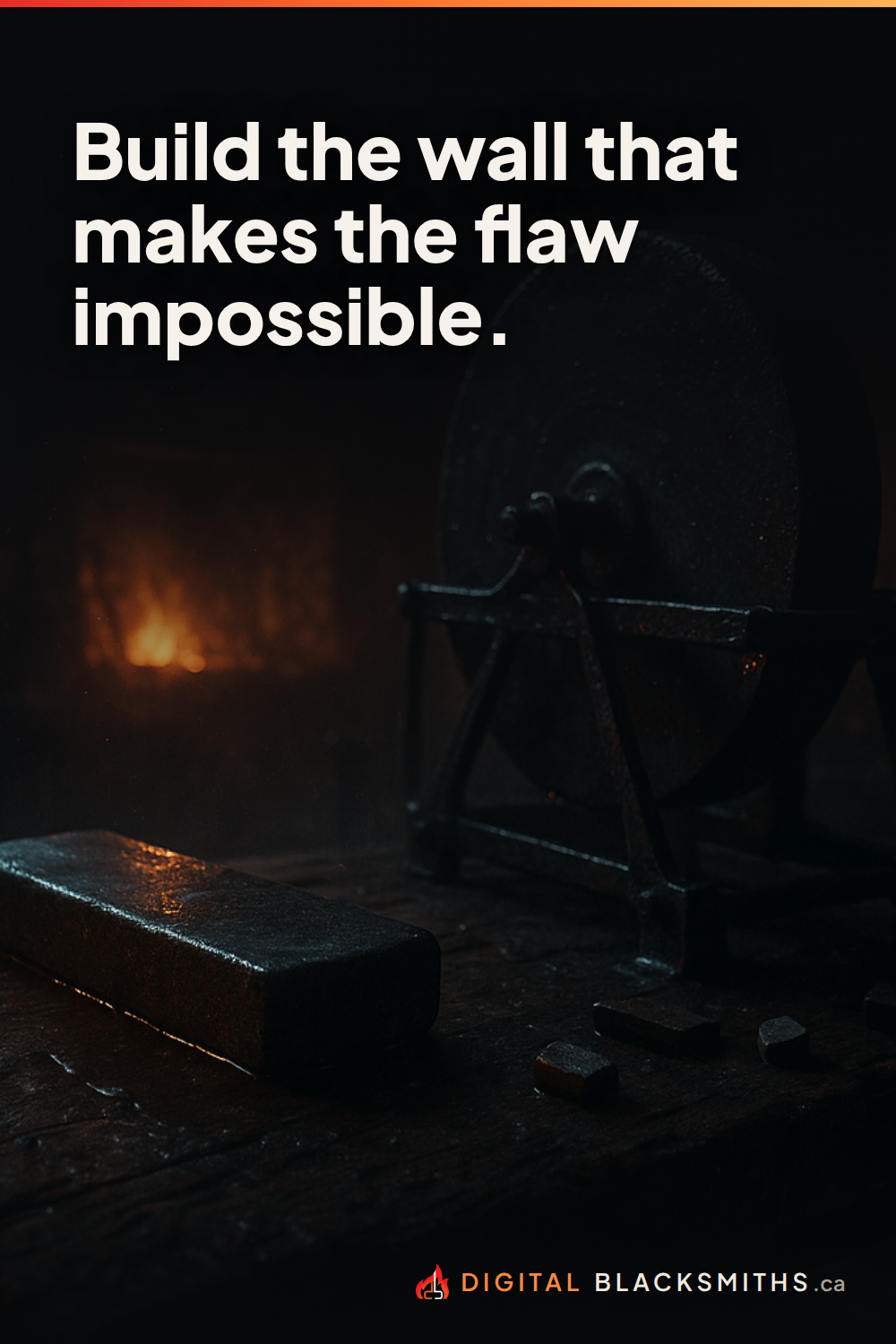 pin-right Lesson pin: a forge grinding wheel and whetstone in the dark, with the line "Build the wall that makes the flaw impossible."