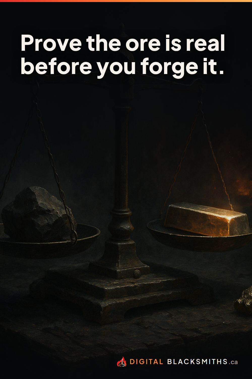 Lesson pin: an assay balance weighing raw ore against a bar of gold, fool's gold set aside in shadow, with the line "Prove the ore is real before you forge it."
